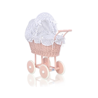 Rieten poppenwagen met stoffen kap Wit Marineblauw Polkaprikker Poederroze