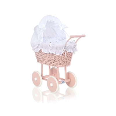 Rieten poppenwagen met stoffen kap Wit Poederroze