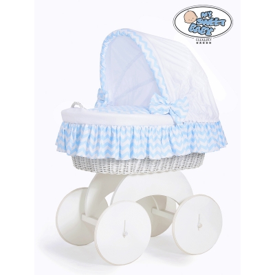 Rieten Wieg  met Kap met Beddengoedset voor Baby  Wit Blauw Hanna