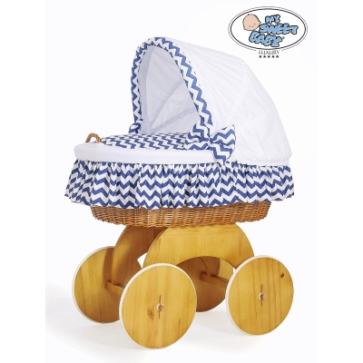 Rieten Wieg  met Kap met Beddengoedset voor Baby  Wit Marineblauw Hanna