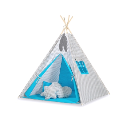 Set: Tipi-tent Speelkleed Kussens  GRATIS decoratieve veren Grijs Turkoois Geruit