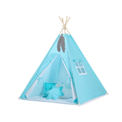Set: Tipi-tent Speelmat  Kussens Turkoois Polkaprikker