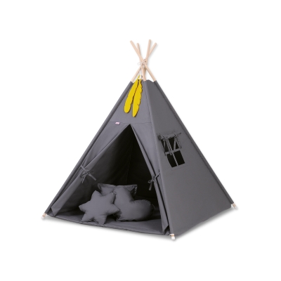 MEGA TIPI SET: Tipi-tent + speelmat + kussens + GRATIS decoratieve veren Antraciet
