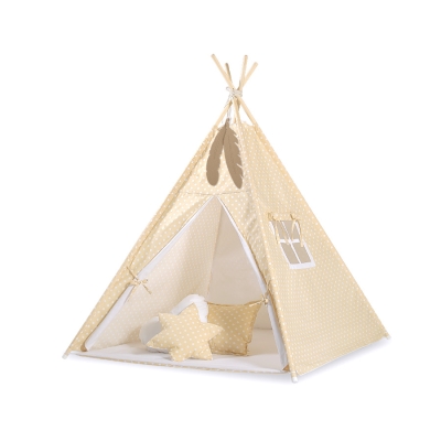 MEGA TIPI SET: Tipi-tent + speelmat + kussens + GRATIS decoratieve veren Beige Polkaprikker