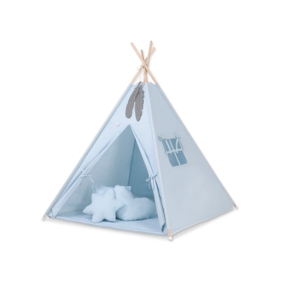 MEGA TIPI SET: Tipi-tent + speelmat + kussens + GRATIS decoratieve veren Blauw