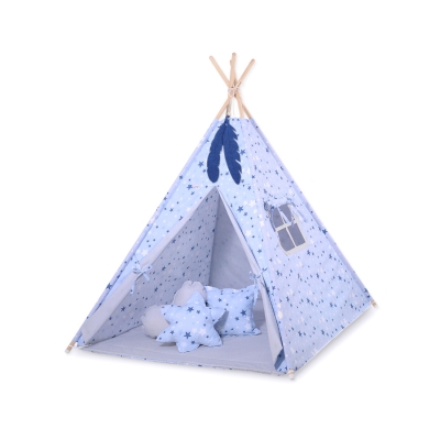 MEGA TIPI SET: Tipi-tent + speelmat + kussens + GRATIS decoratieve veren Blauw Sterren