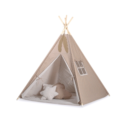 MEGA TIPI SET: Tipi-tent + speelmat + kussens + GRATIS decoratieve veren Bruin Polkaprikker