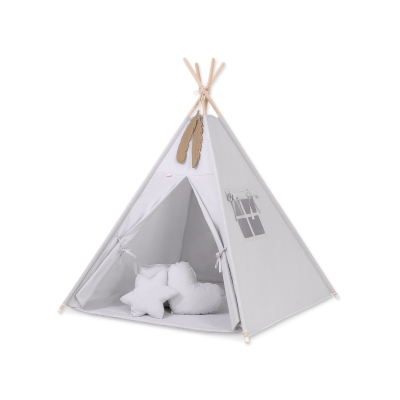 MEGA TIPI SET: Tipi-tent + speelmat + kussens + GRATIS decoratieve veren Grijs