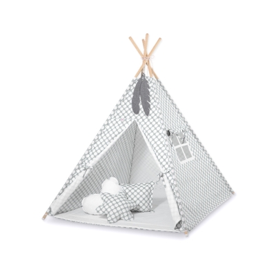 MEGA TIPI SET: Tipi-tent + speelmat + kussens + GRATIS decoratieve veren Grijs
