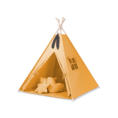 MEGA TIPI SET: Tipi-tent + speelmat + kussens + GRATIS decoratieve veren Honing Mosterd