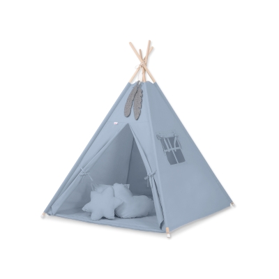 MEGA TIPI SET: Tipi-tent + speelmat + kussens + GRATIS decoratieve veren Pastelblauw