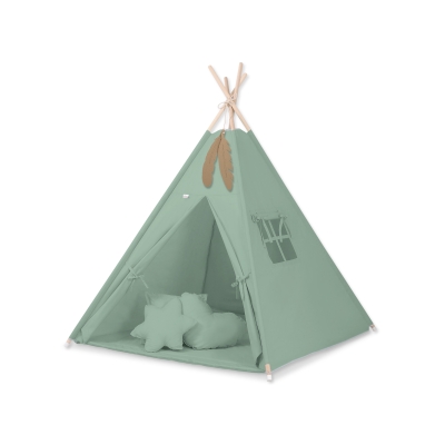 MEGA TIPI SET: Tipi-tent + speelmat + kussens + GRATIS decoratieve veren Pastelgroen