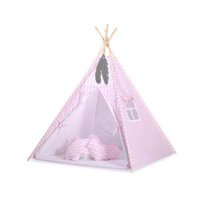 MEGA TIPI SET: Tipi-tent + speelmat + kussens + GRATIS decoratieve veren Roze Zigzag