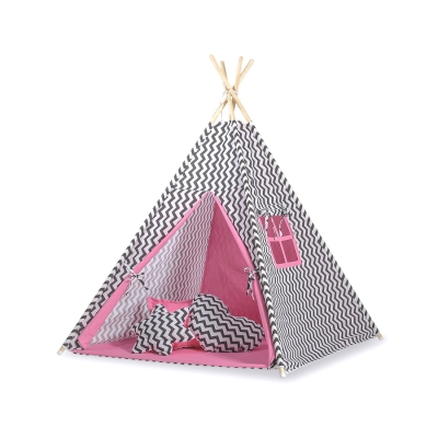 MEGA TIPI SET: Tipi-tent + speelmat + kussens + GRATIS decoratieve veren Roze Zwart Zigzag