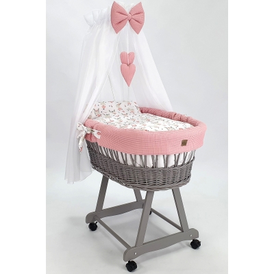 Rotan Baby Wiegje met Textiel Poederroze Volledige Set