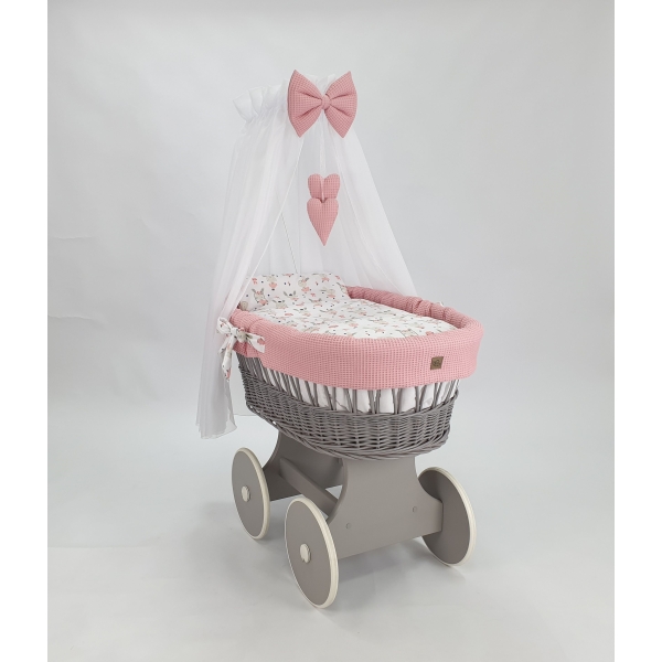 Baby wiegje grote wielen Grijs met Textiel Poederroze