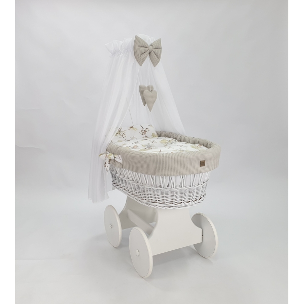 Baby wiegje grote wielen Wit met Textiel Beige