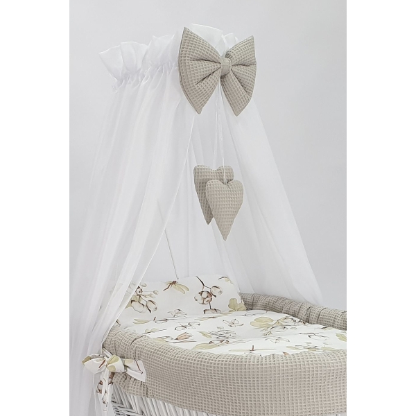 Baby wiegje grote wielen Wit met Textiel Beige