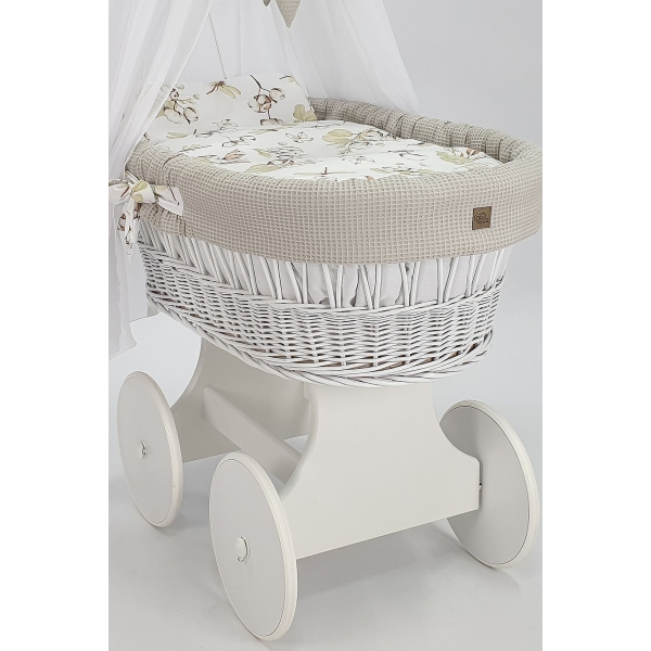 Baby wiegje grote wielen Wit met Textiel Beige