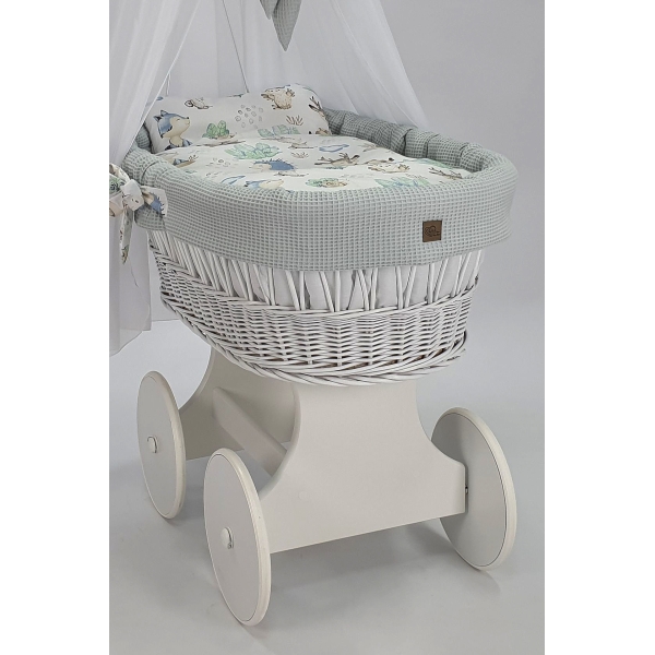 Baby wiegje grote wielen Wit met Textiel Grijs