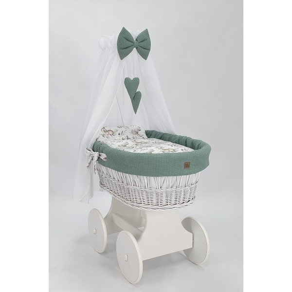 Baby wiegje grote wielen Wit met Textiel Khaki
