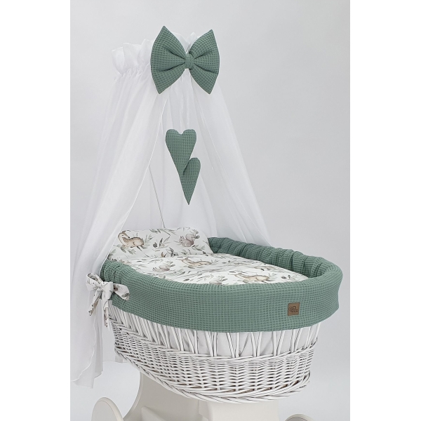 Baby wiegje grote wielen Wit met Textiel Khaki