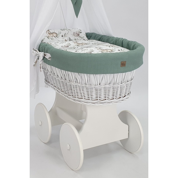 Baby wiegje grote wielen Wit met Textiel Khaki
