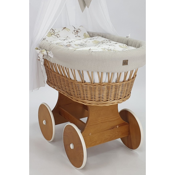 Baby wiegje Rotan Naturel Grote Wielen met Textiel Beige