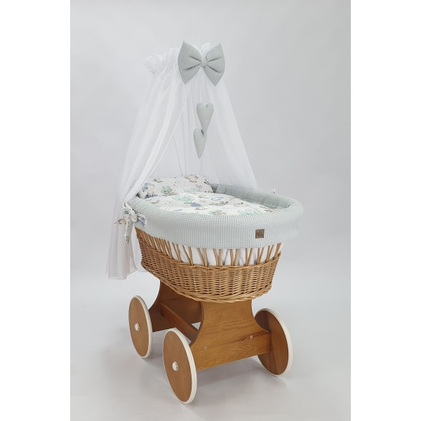 Baby wiegje Rotan Wieg Naturel Grote Wielen met Textiel Grijs