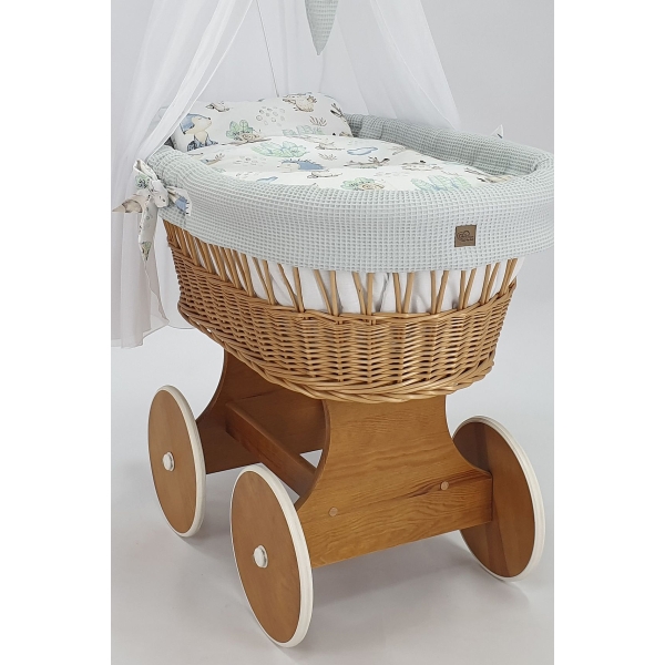 Baby wiegje Rotan Wieg Naturel Grote Wielen met Textiel Grijs