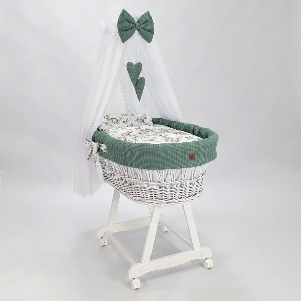 Baby Wiegje- Rotan Wieg Wit met Kleine Wieltjes - Textiel Khaki Wafel