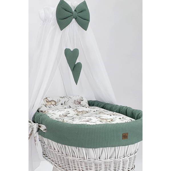 Baby Wiegje- Rotan Wieg Wit met Kleine Wieltjes - Textiel Khaki Wafel
