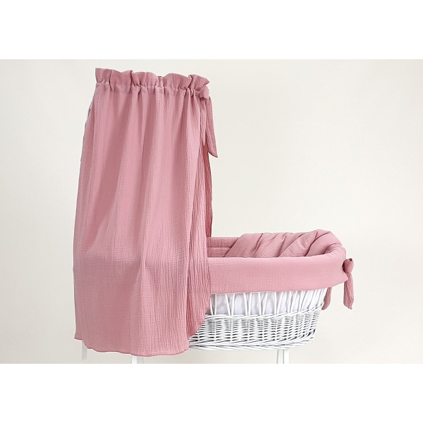 Compleet poederroze textielset voor rieten wieg