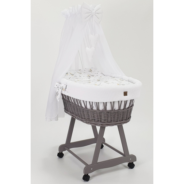Grijze Rotan Baby Wiegje met Bedtextiel Witte Wafel