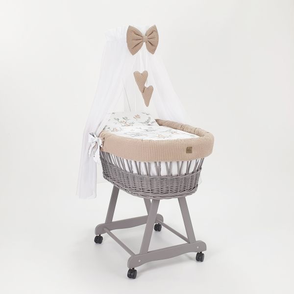 Grijze Rotan Baby Wiegje Textiel Beige-Wit