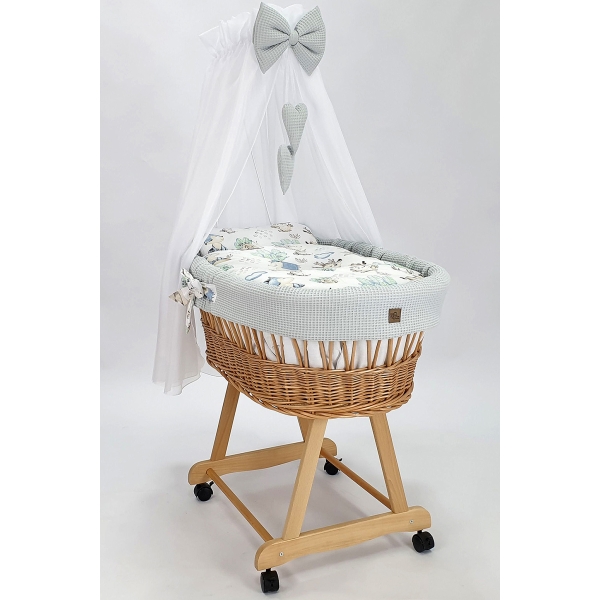 Naturel Rotan Baby Wiegje met Hemeltje Beddengoedset Grijs