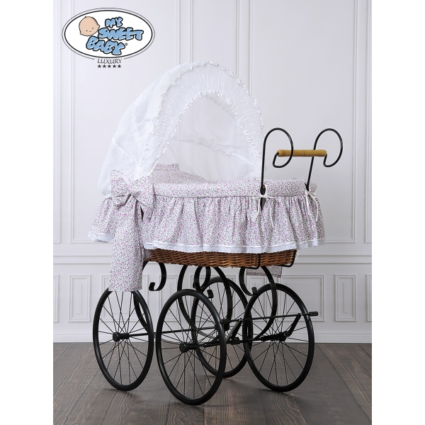 Babymand / Retro Rieten Wieg Roze Wit Jasmijn