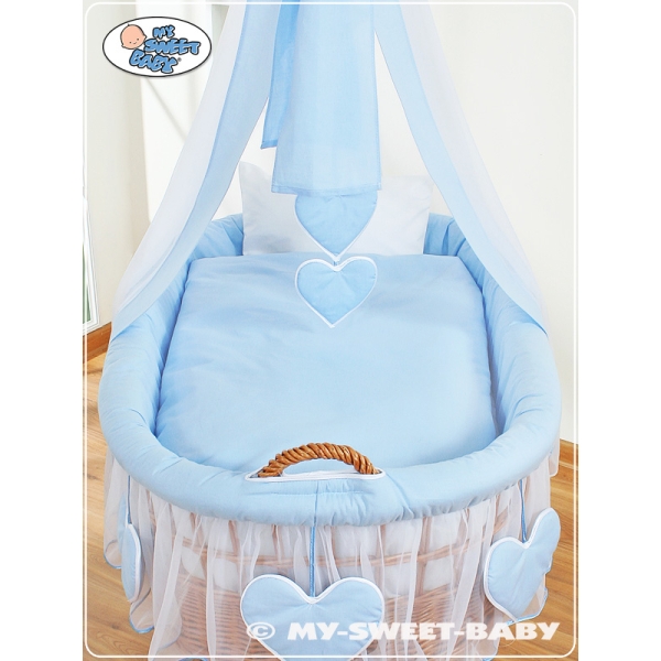 Babywieg op Wielen / Rieten Babybed met Hemeltje Blauw Amelie