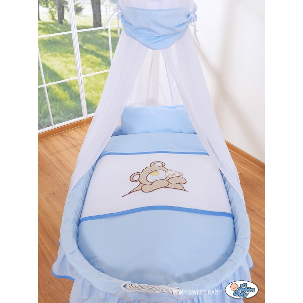 Babywieg op Wielen / Rieten Babybed met Hemeltje -  Blauw Teddy Bear Branaba