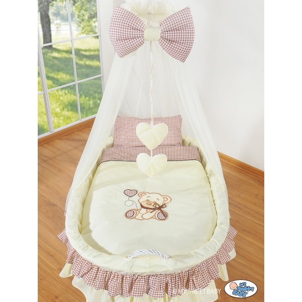 Babywieg op Wielen / Rieten Babybed met Hemeltje -  Bruin Bear With Bow