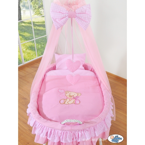 Babywieg op Wielen / Rieten Babybed met Hemeltje -  Roze Bear With Bow
