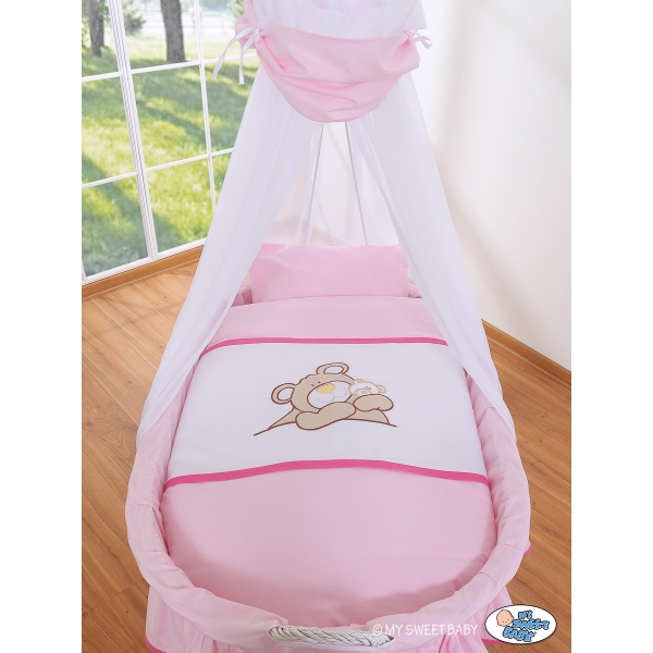 Babywieg op Wielen / Rieten Babybed met Hemeltje -  Roze Teddy Bear Branaba