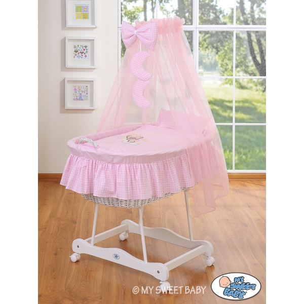 Babywieg op Wielen / Rieten Babybed met Hemeltje -  Roze Welterusten