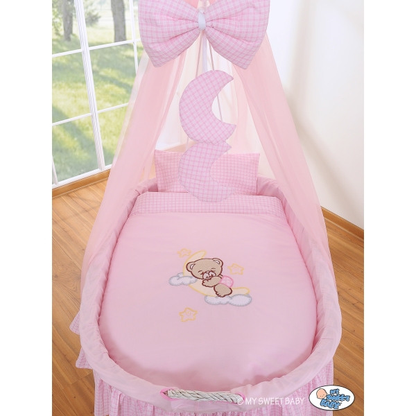 Babywieg op Wielen / Rieten Babybed met Hemeltje -  Roze Welterusten