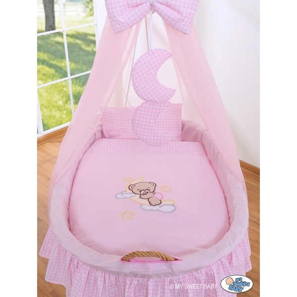 Babywieg op Wielen / Rieten Babybed met Hemeltje -  Roze Welterusten