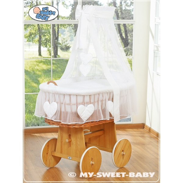 Babywieg op Wielen / Rieten Babybed met Hemeltje Wit Amelie