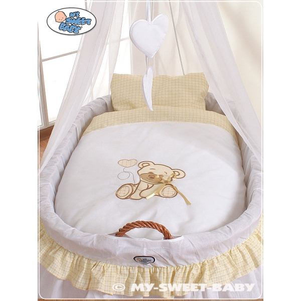 Babywieg op Wielen / Rieten Babybed met Hemeltje -  Wit Bear With Bow