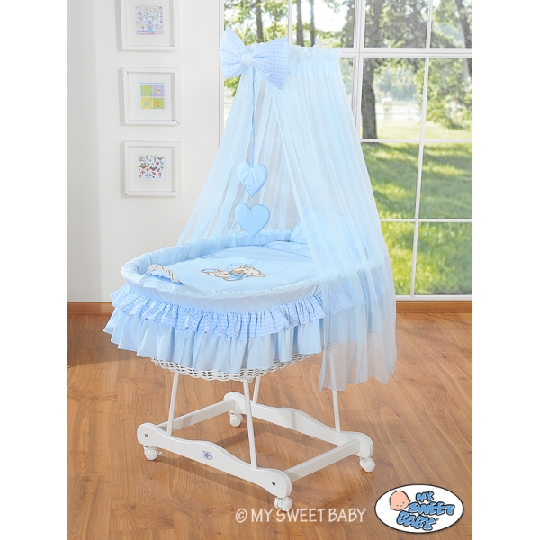 Babywieg op Wielen / Rieten Babymand met Hemeltje -  Blauw Bear With Bow