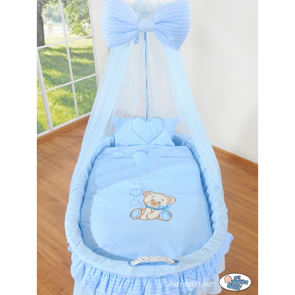 Babywieg op Wielen / Rieten Babymand met Hemeltje -  Blauw Bear With Bow
