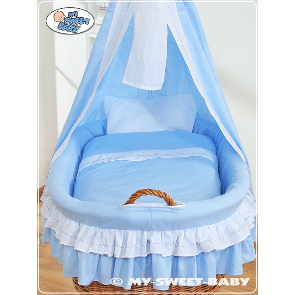 Babywieg op Wielen / Rieten Babymand met Hemeltje  Blauw Bellamie